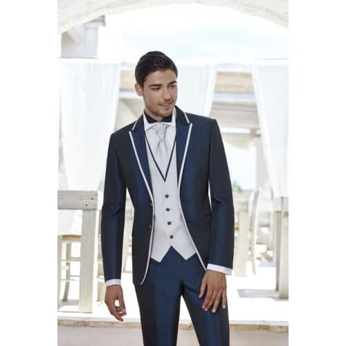 2017 Latest Coat Pant Designs Navy Blue Satin Men Suit Slim Fit 3 Piece Italian Tuxedo Custom Groom Prom Suits Terno Masculino S