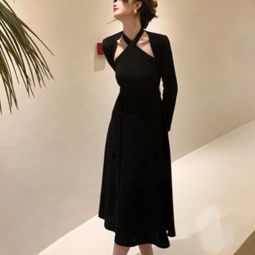 Autumn Korean Elegant Two Piece Set Women Slim Retro Casual Party Vintage Set 2021 France One-piece Dress Long Sleeve Cardigan