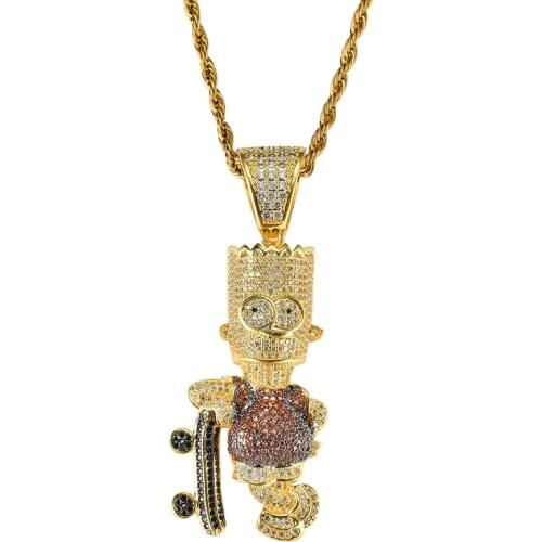 18k Gold Plated Lab Diamond Necklace Iced Out Cartoon Simpson Pendent Hip Hop Chain for Men Charm Jewelry