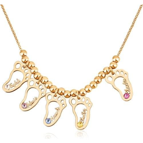 Personalized Custom Name Birthstone Necklace Rose Gold Silver Baby Feet Charm Pendant Nameplate Foot Shaped Choker Birthday Gift