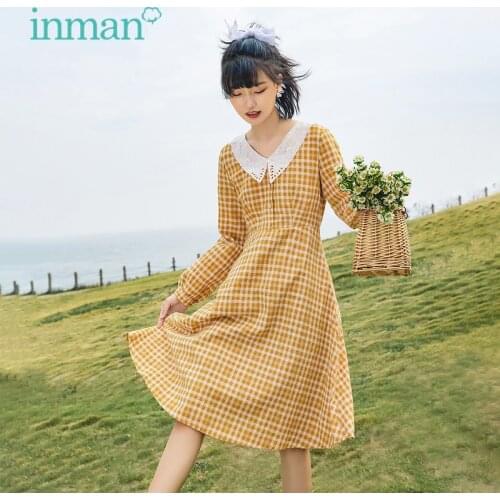 INMAN Autumn Spring Womens Dress Plaid Hollow Lapel Square Collar Elegant Young Ladies Pastoral Style Long Sleeve Female Skirt