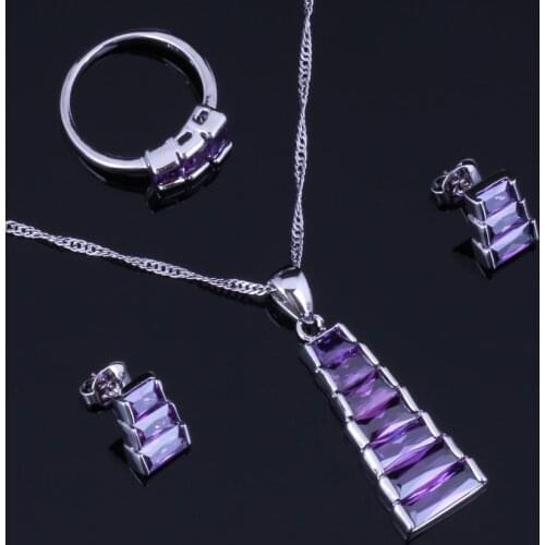 Luxurious Trapezoid Purple Cubic Zirconia Silver Plated Jewelry Sets Earrings Pendant Chain Ring V0966