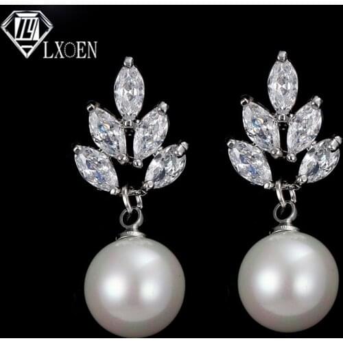LXOEN 2018 Fashion Round Simulated Pearl Stud Earrings for Women Marquise Zircon Silver Color Studs Ear Indian Jewelry brinco