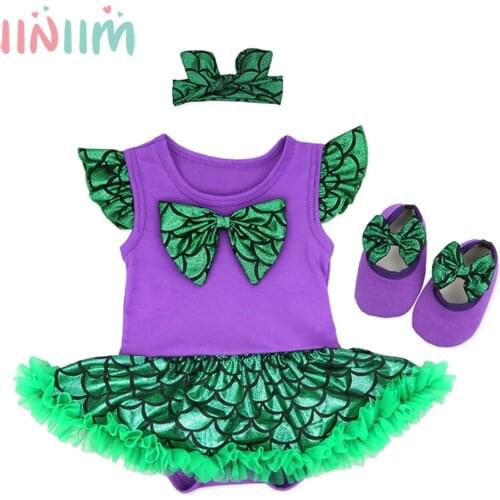 Baby Girl Ruffle Mesh Mermaid Costume Princess Polka Dots Tutu Romper Jumpsuit Sunsuit Headwear Outfits Birthday Party Costume