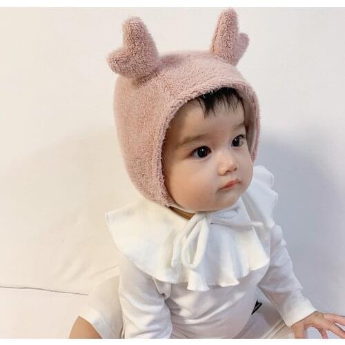 Deer Ear Protection Plush Baby Hat Cartoon Animal Solid Color Newborn Toddler Bonnet Autumn Winter Warm Soft Kid Girl Boy Beanie