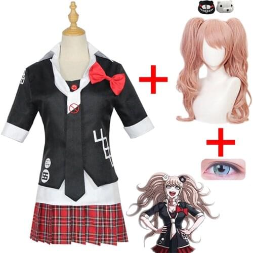 Danganronpa Enoshima Junko Cosplay Costume High School Girl Student Uniform JK Skirt Wig Ponytail Black White Bear Hairpin