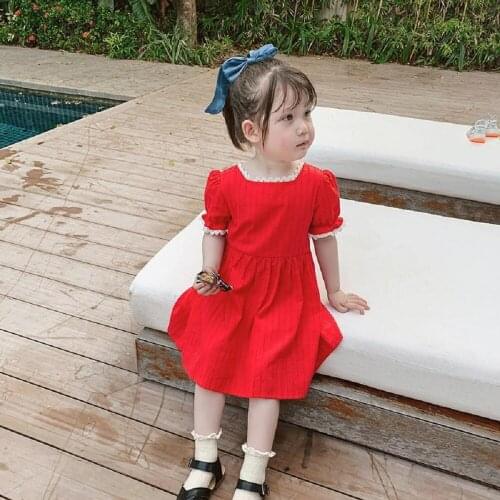 New Summer Puff Sleeves Dress Princess Fashion Red Short Sleeves Birthday Evening Party Dress With Lace Children Clothing