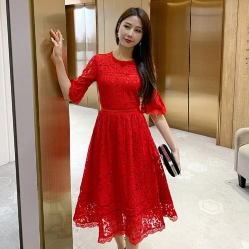 2020 Spring Office A Line Dresses High-end Women O Neck Half Sleeve Elegant Party Dresses Bandage Vintage Red Lace Dress Vestido