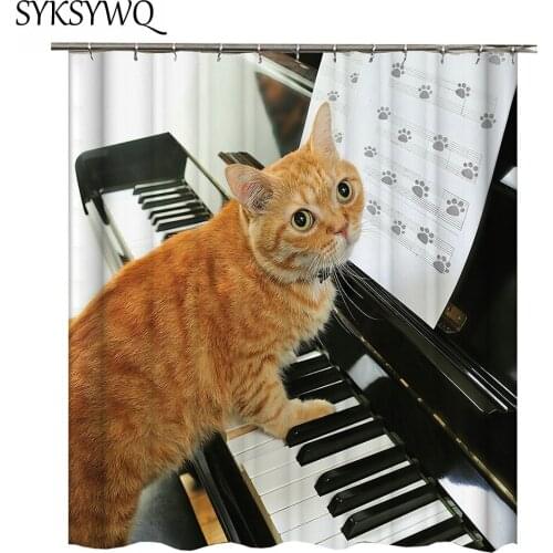 Cat Playing Piano Curtain Bathroom Waterproof Polyester Fabric Black And White Shower Curtain 3D Musical Yellow Cat Bath Curtain
