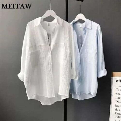 Women Spring White Blouse Shirt 2021 Casual Solid Long Sleeve Cotton Linen Tops Korean Loose Office Shirts