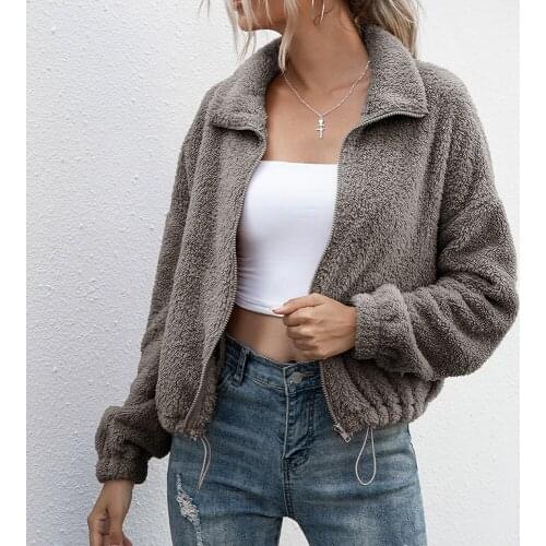 2021 Women Jacket Autumn Winter New Coats Double-Sided Plush Lapel Long Sleeve Female Drawstring Cropped Top Overcoat Jackets