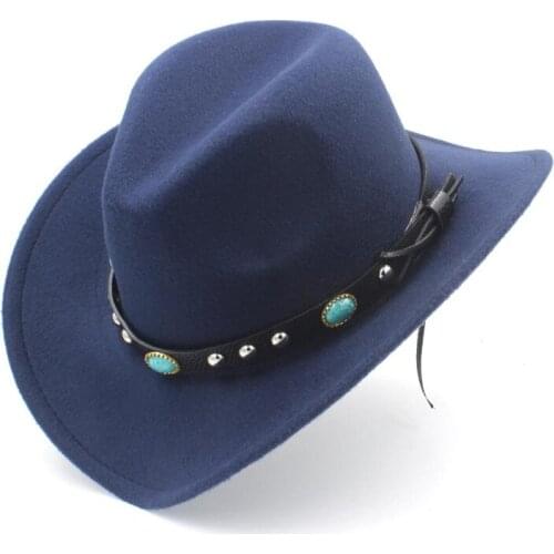 Women Men Wool Hollow Western Cowboy Hat Roll-up Wide Brim Felt Cowgirl Jazz Godfather Sombrero Cap Size 56-58CM Punk Leather