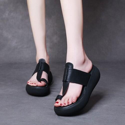YourSeason Genuine Leather Ladies Summer Wedges Leisure Shoes Outside Slides 2021 Women Handmade Vintage Slippers