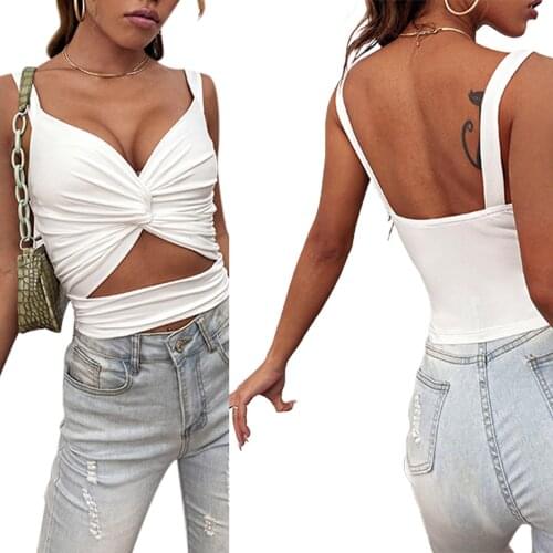 Women Solid Color Cropped Sling Tops Hollow Out Sleeveless Deep V-neck Knot Vest for Summer