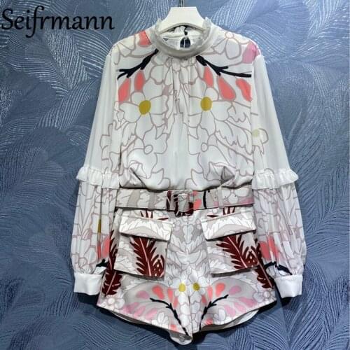 Seifrmann New 2021 Summer Women Fashion Runway Designer Shorts Set Lantern Sleeve Loose Tops + Sashes Pockets Print Shorts Suits