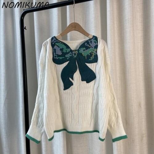 Nomikuma Chic Bowknot Embroidery Sweaters Women Pullover Causal Hit Colot Knitwear 2021 Autumn Winter Sweet Pull Jumpers 6Z266