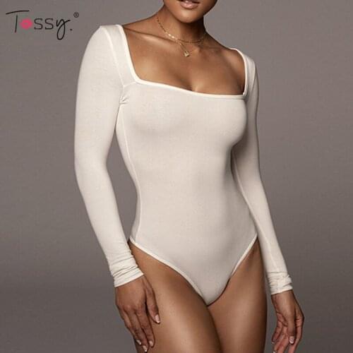 Tossy Womens Black Sexy Long Sleeve Bodysuit Squra-Neck Body Tops Slim High Waist Jumpsuit 2021Autumn Casual t-shirt Clubwear