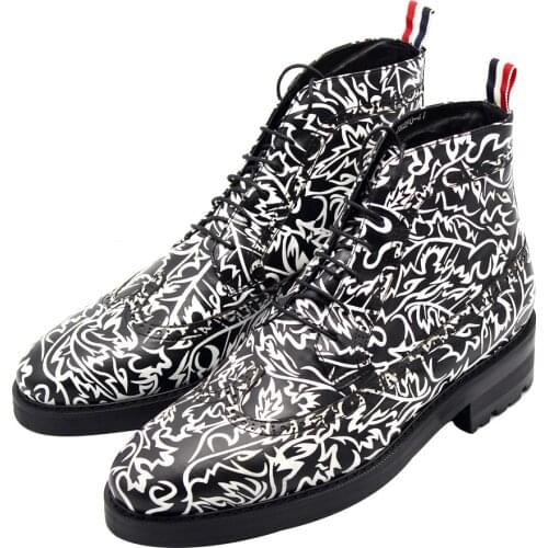 Winter Work Boots Fashion Printing Ankle boots Genuine Leather Handmade Men Boots Pointed toe High Quality boots for men