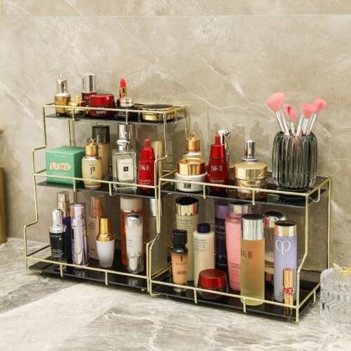 Gold Iron Art Makeup Organizer Box Double-Layer Make up Storage Box Pactical Cosmetic Organizer Desktop Perfume Display Rack