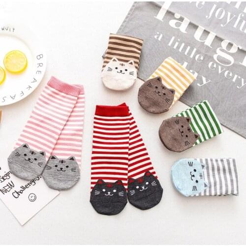 1 Pair New Winter Autumn Wear Cute Cats Striped Cotton Casual Women Girls Warm Short Socks Comfortable Female Socks