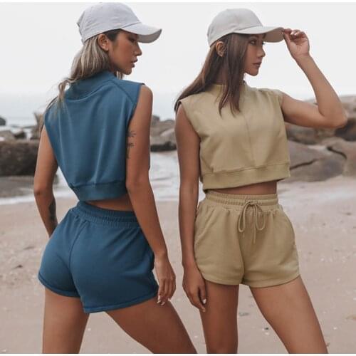 2021 Summer Solid Shorts and Crop Top Two Piece Set Women Casual Sleeveless Turtleneck Tshirt Tracksuit Sexy Sets Womens Outfits