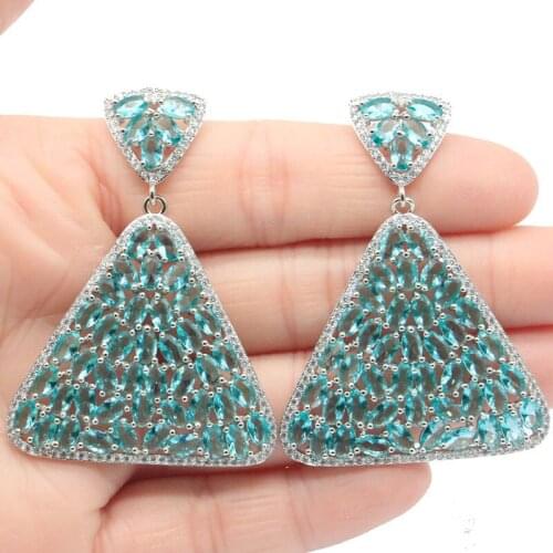 54x38mm Delicate Fine Cut Big Jewelry Set Created Blue Aquamarine Zircon For Womans Wedding Silver Earrings Pendant