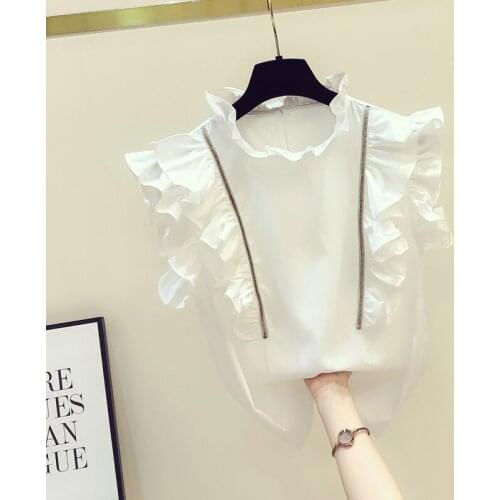 Beaded White Women Blouse Summer New 2021 Flare Sleeved Slim Solid Elegant Turtleneck Office Lady Pulls Outwear Tops