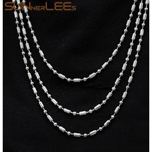 SUNNERLEES Stainless Steel Necklace 2mm~6mm Beads Link Chain Silver Color High Polished Men Women Fashion Jewelry Gift SC190 N