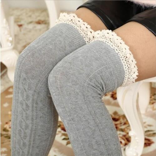 CUHAKCI Thigh High Over The Knee Stockings Fashion Lace Knee Socks Women Cotton Ladies Girls Warm Long
