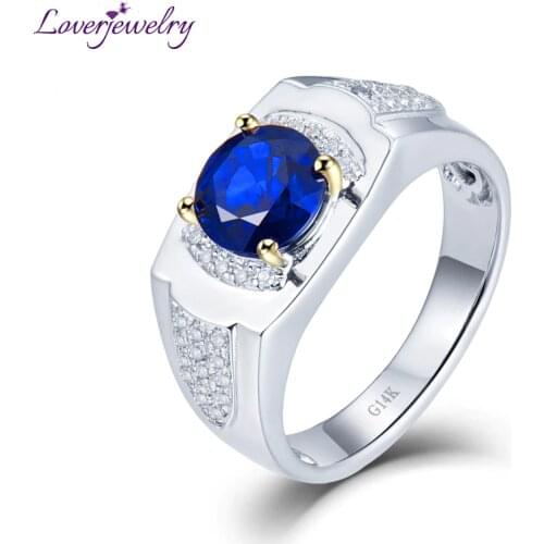 LOVERJEWELRY Real Solid 14Kt White Gold Blue Sapphire Mens Wedding Ring Natural Diamond Trendy Jewelry for Husband Anniversary