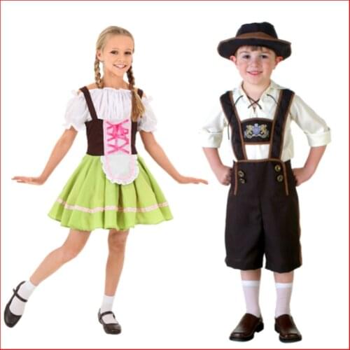 New Children German Oktoberfest Costume Green Lace Up Waitress Dress Strap Pants For Boy Girl Halloween Festival Cosplay Outfit