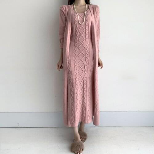 Autumn Winter Thick Long Twist V Neck Cardigan Sweater Belt Khaki Knitted Strap Dress Women Fashion 2Pc Sets Retro Elegant Chic