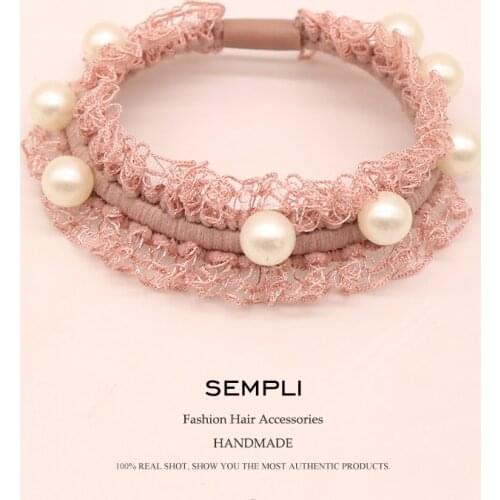 Women Hair Accessories High Quality Lace with Pearl Elastic Hair Bands Ball Headbands Round Rubber Band Ponytail Gum for Hair