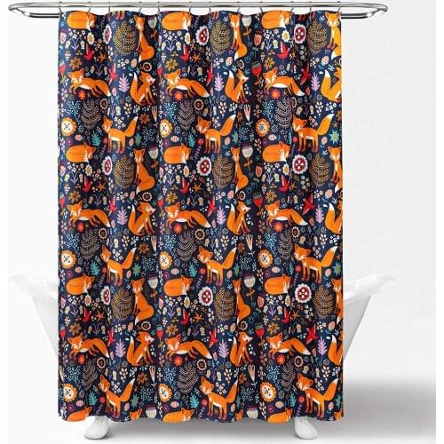 Lush Decor, Navy Pixie Fox Shower Curtain-Fabric Floral Animal Print Design for Bathroom Quality Waterproof Decorative Printed