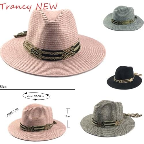 Unisex Straw fedora hat La peau Summer hat women fedoras woven classic band beach hat big brim panama hat chapeau femme