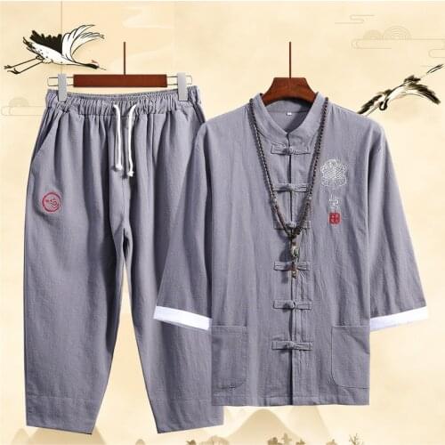 Traditional Chinese Suit for Men Linen Shirt + Chinese Pants Wushu Tai Chi Uniform Kung Fu Bruce Lee Festival Clothing CN-171