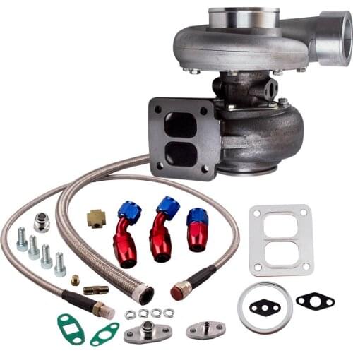 GT45 Universal Supercharger Turbo Turbocharger + Oil Feed Line+Oil Drain Return Complete Kit Turbine