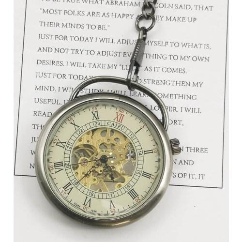 Vintage Antique Roman Dial Mechanical Watches Hand Wind Transparent Case Pocket & Fob Watch with Chain 10pcs/lot