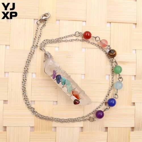 YJXP Irregular Crystal Pendant Necklace Handmade Wire Wrapped Reiki 7 Chips Stone Round Beads Chakra Chain Amulet Jewelry 1 Pcs