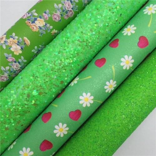 GREEN Glitter Fabric, Iridescent Flowers Faux Leather Fabric, Synthetic Leather Sheets For Bow A4 8"x11"Twinkling Ming XM340