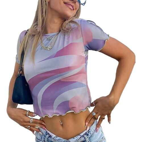 Women’s Casual Short Sleeve T-shirt Fashion Abstract Printing Exposed Navel Pullover Tops