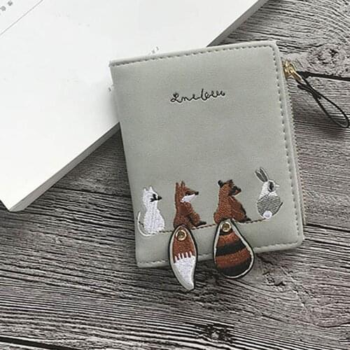Women Mini Wallets Lovely Cartoon Fox Cat Animals Embroidery Small Coin Zipper Purse Card Package Short Coin Pocket Card Holder