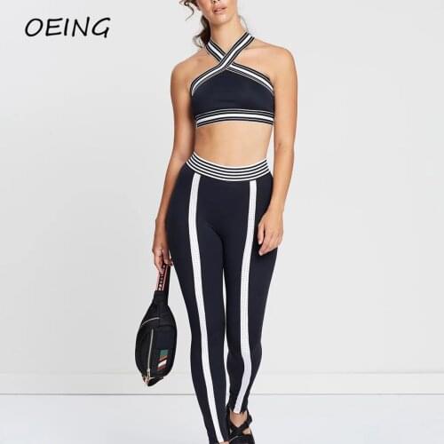 Womens Stripe Patchwork Two Piece Jogging Sets Workout Yoga Clothes Sport Wear Seamless Leggings Set