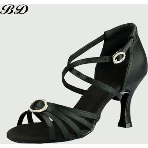 TOP Latin Dance shoes Women Cowhid Soft Sole Dance Heel Cover Bag BD 290 Double Diamond Buckle BLACK SATIN 7.5 CM HEEL SALSA