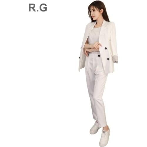 RG Women Two Piece Set Office Suit Double Breasted Black White Long Jacket+Pant Suits Business Work Wear Suit Spring Autumn 2018