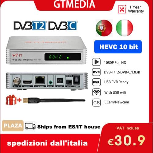 2020 GTMEDIA V7 TT Terrestrial TV Receiver DVB-T2 Cable Decoder H.265 HEVC 10Bit Tuner USB WIFI YouTuBe Italy Portual France box