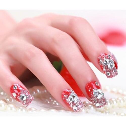 24Pcs/boxed back with glue French Bride Full Cover Red False Nails pess on Rhinestones Crystal 3D Design Acrylic Fake Nail Tips