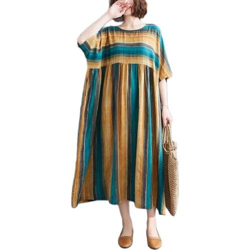 ARCSINX Boho Dress Women Oversized 7XL Yellow Striped Casual Dress Woman Plus Size 4XL 5XL 6XL Short Sleeve Summer Dress Women
