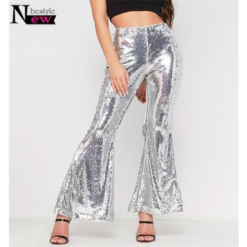 Sexy Women Wide Leg Sequined Pants New High Waist Slim Long Pants Women Sequins Glitter Pants Legging Nightclub Horn Trousers