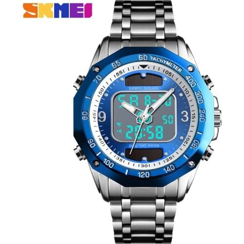 SKMEI Brand Solar Watch for Men Blue Stainless Steel Dual Display Digital Led Quartz Men Watch Male Clock relogio masculino